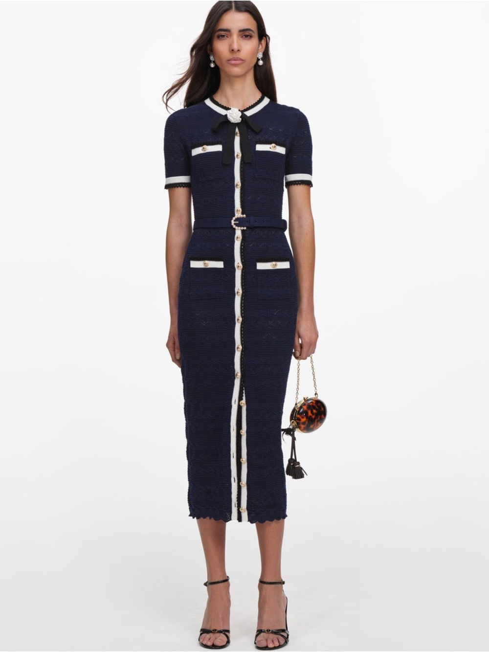 NWOT Self-Portrait NAVY POINTELLE KNIT MIDI DRESS